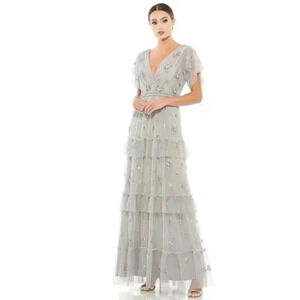 Mac Duggal Ruffle Tiered Embellished Flutter Sleeve Gown 8 M Tulle Maxi Dress